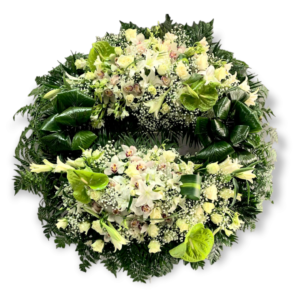 Στεφάνι κηδείας σε σχήμα ρόδας με δύο συνθέσεις