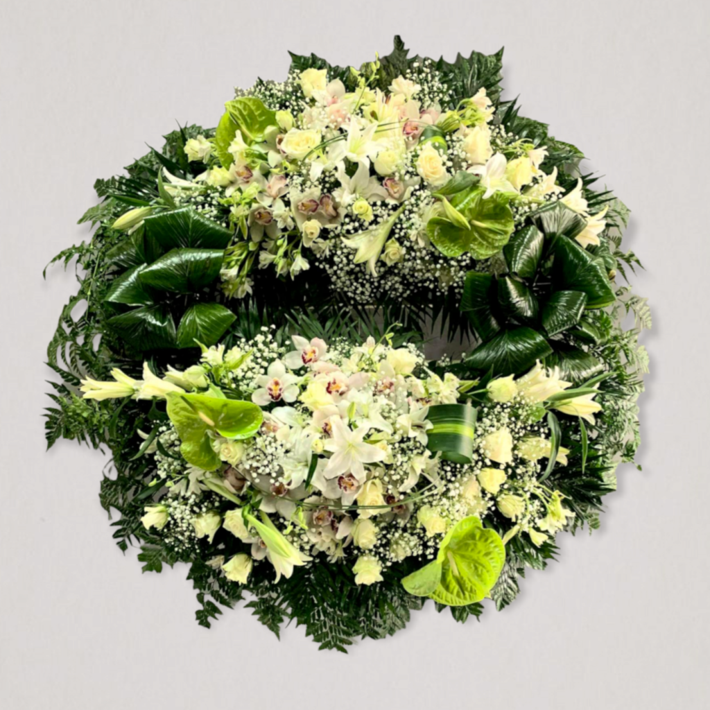 Στεφάνι κηδείας σε σχήμα ρόδας με δύο συνθέσεις