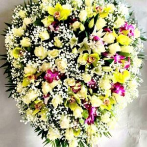 Funeral Heart with Roses Orchids and Oriental Lilies