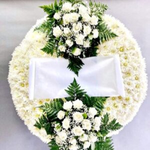Funeral Wreath on Tripod Stand with Two Floral Arrangements