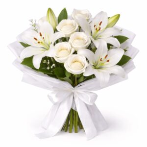Λευκό μπουκέτο με 6 τριαντάφυλλα και 4 oriental